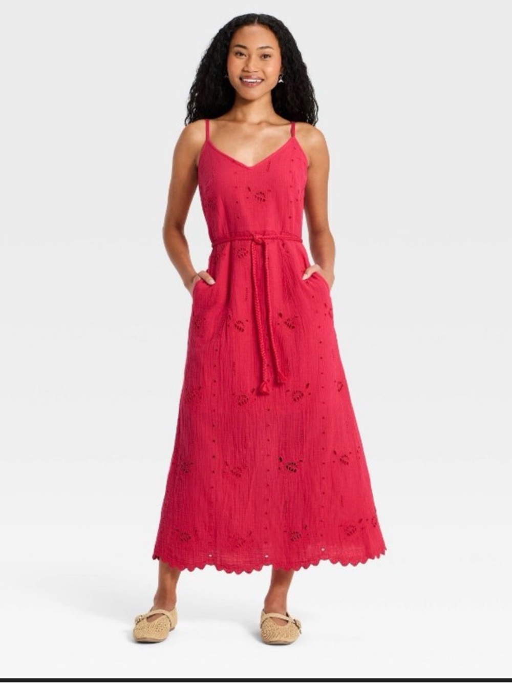Pink Sleeveless Eyelet Maxi Dress with Tie Waist